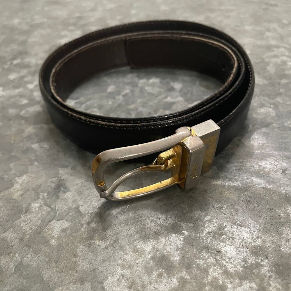 Vintage YSL Yves Saint Laurent Solid Brass Black Leather Belt Sz 32 Silver Gold
